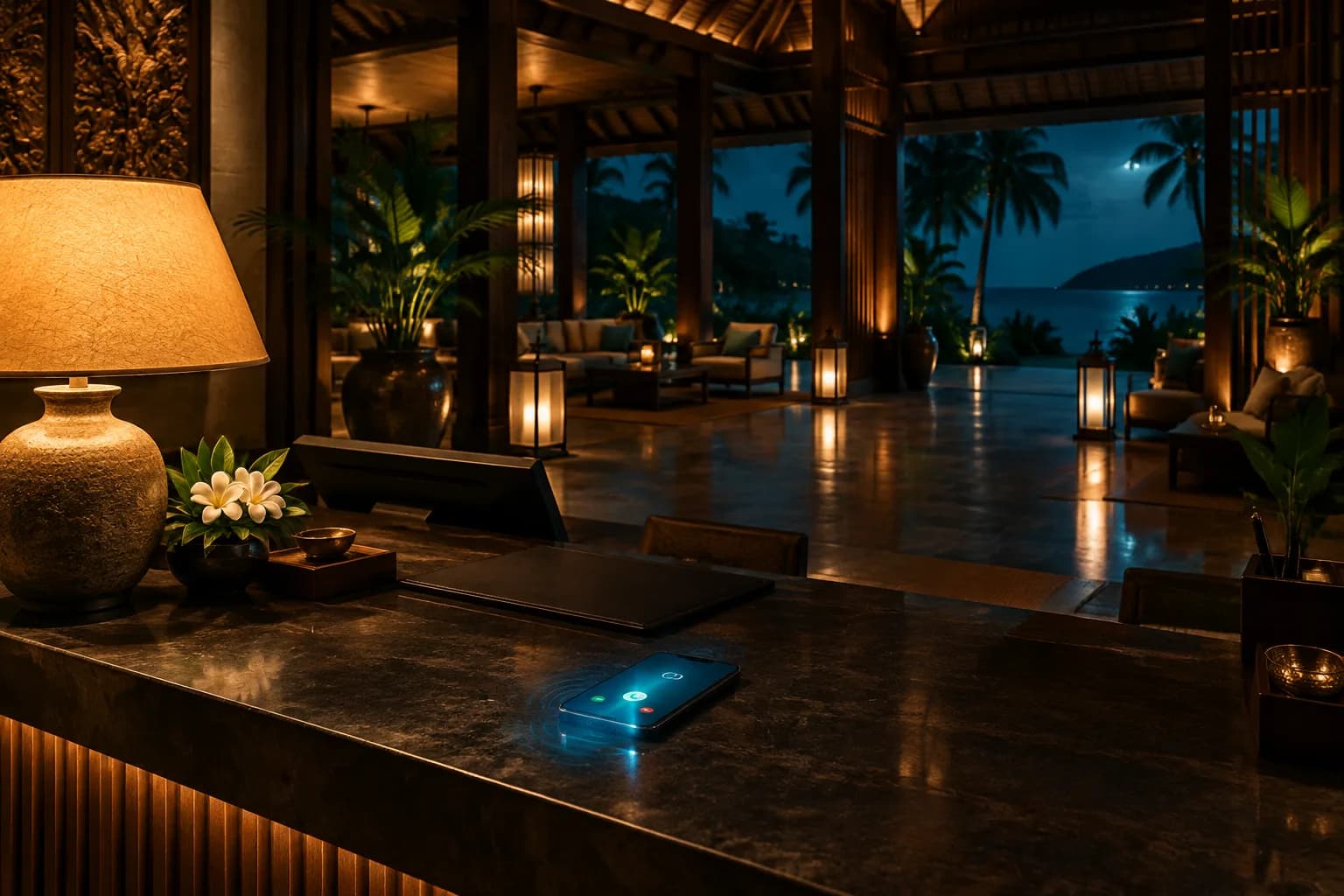 A hotel desk lit by a warm lamp late at night, phone glowing in the dark