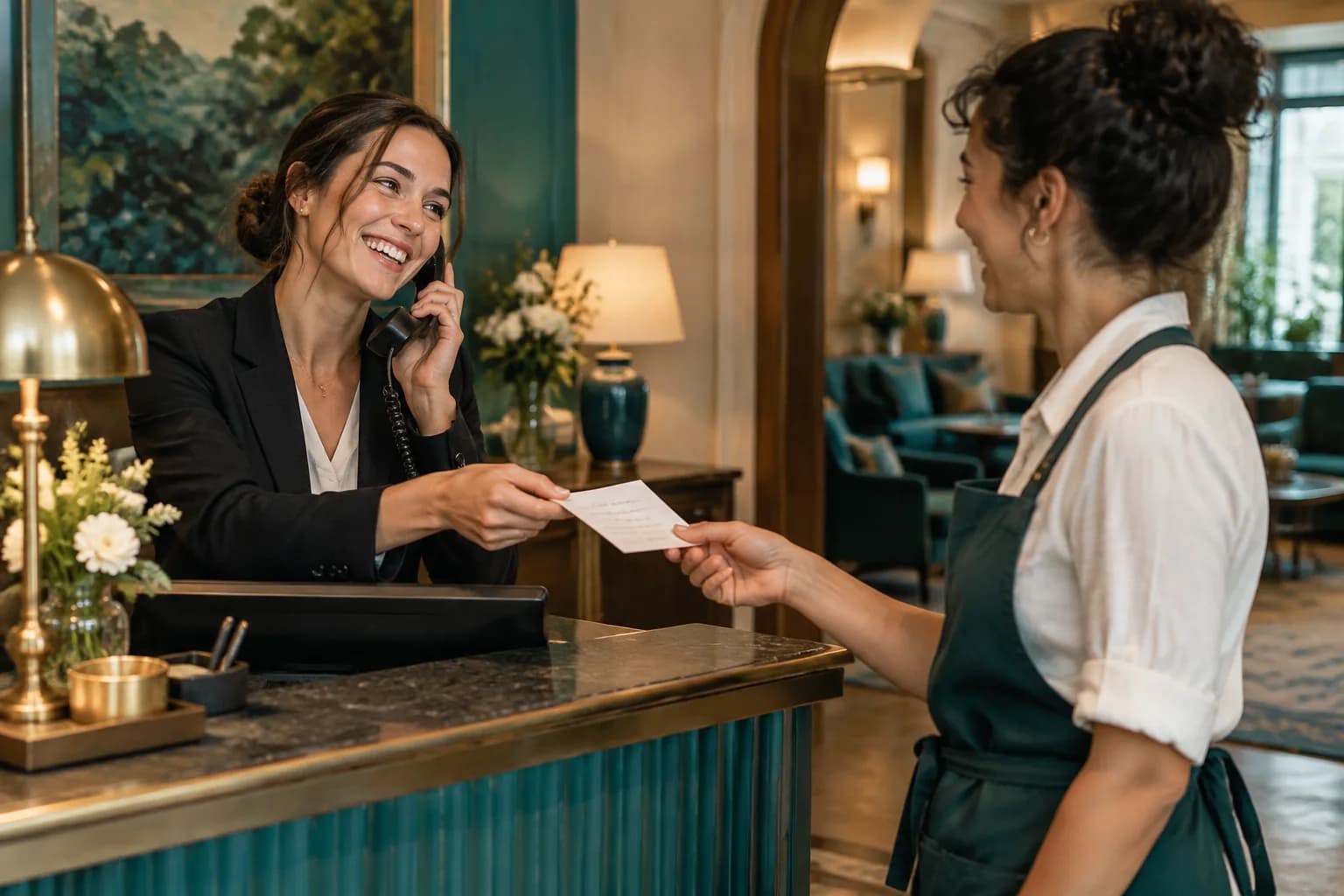 A receptionist handing a note to a colleague after a phone call