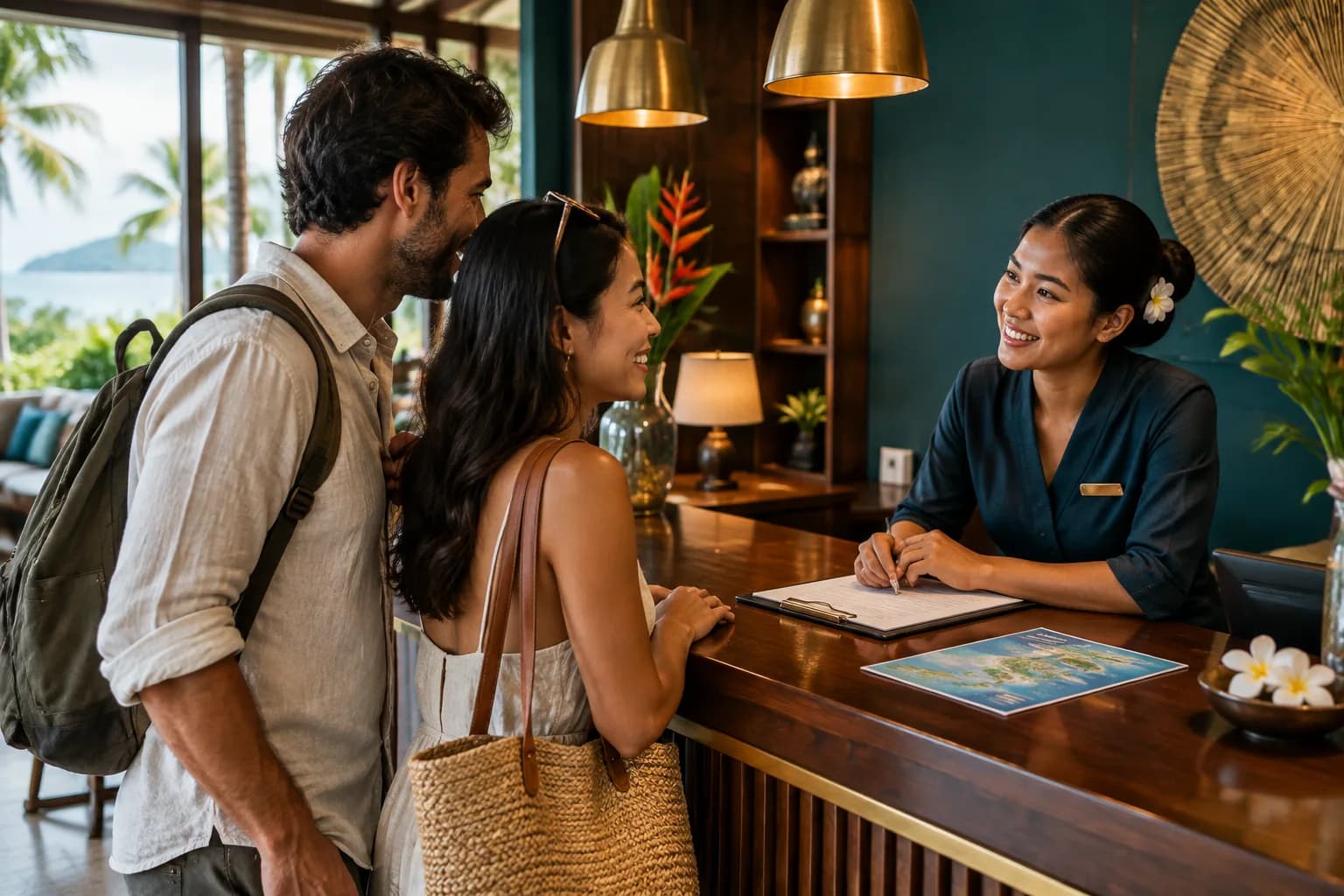 An international couple checking in at a front desk in Koh Samui