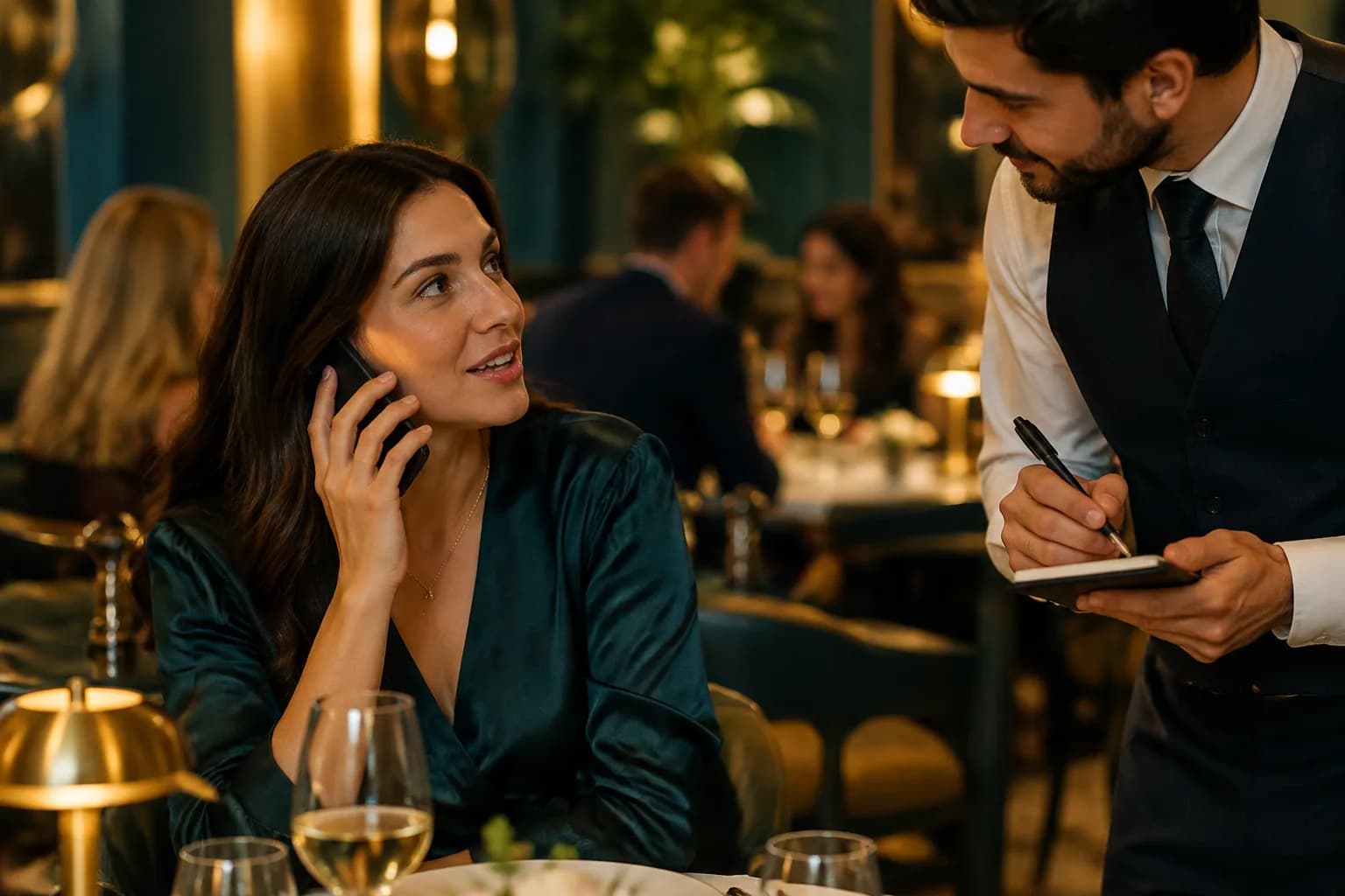 A guest making a dinner booking over the phone while a waiter nods nearby