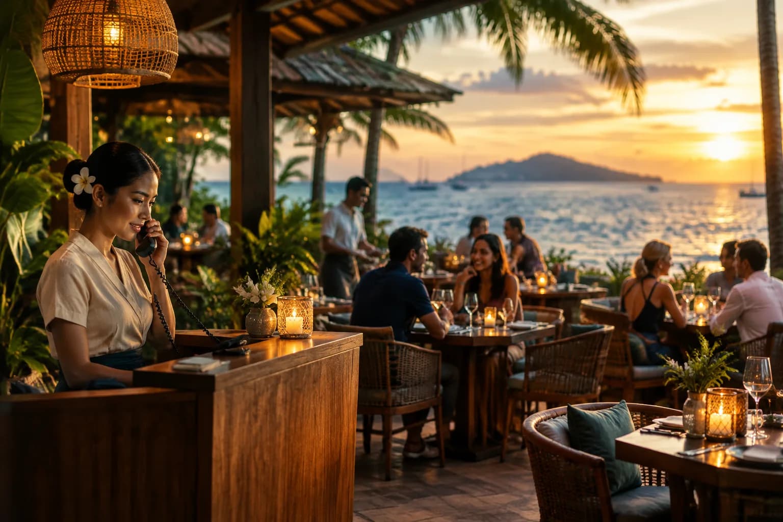 A seaside restaurant at golden hour, a host answering the phone at the front stand