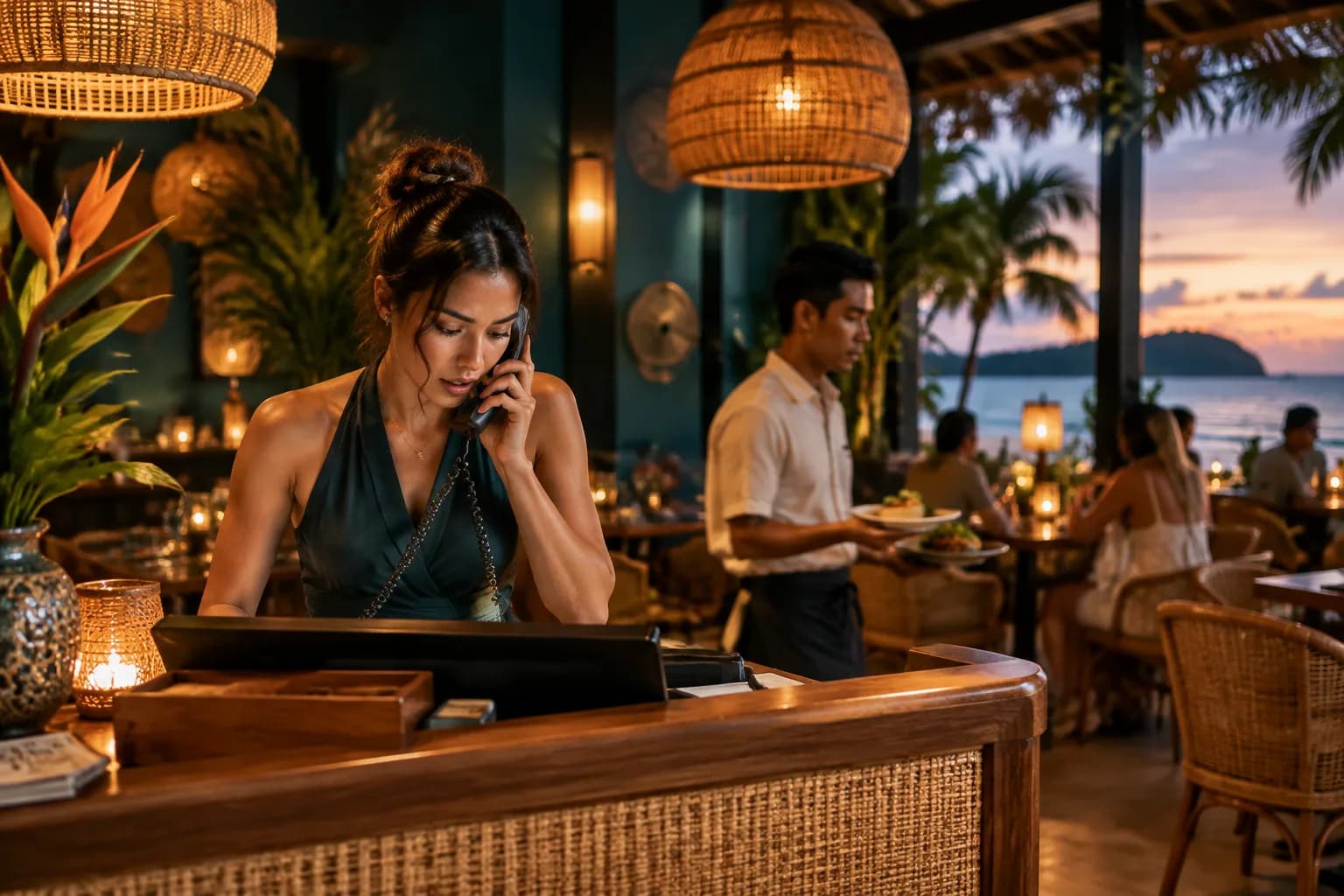 A busy receptionist at a tropical restaurant answers the phone while the room is full of guests