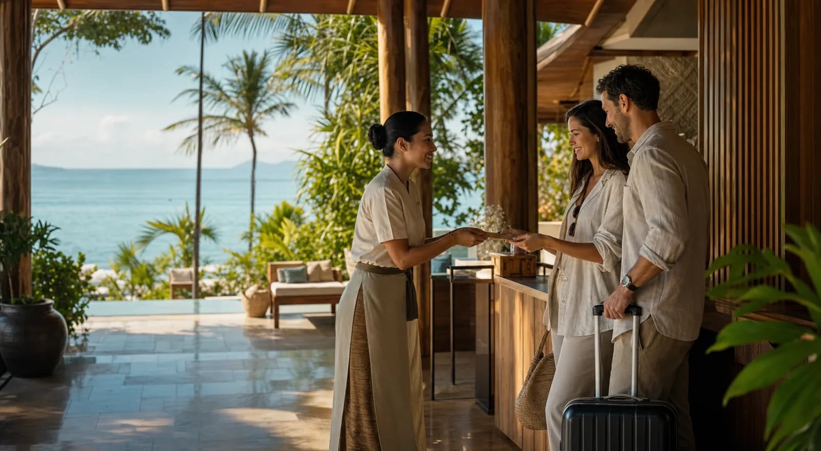 Resort host welcoming guests at a tropical Koh Samui hotel