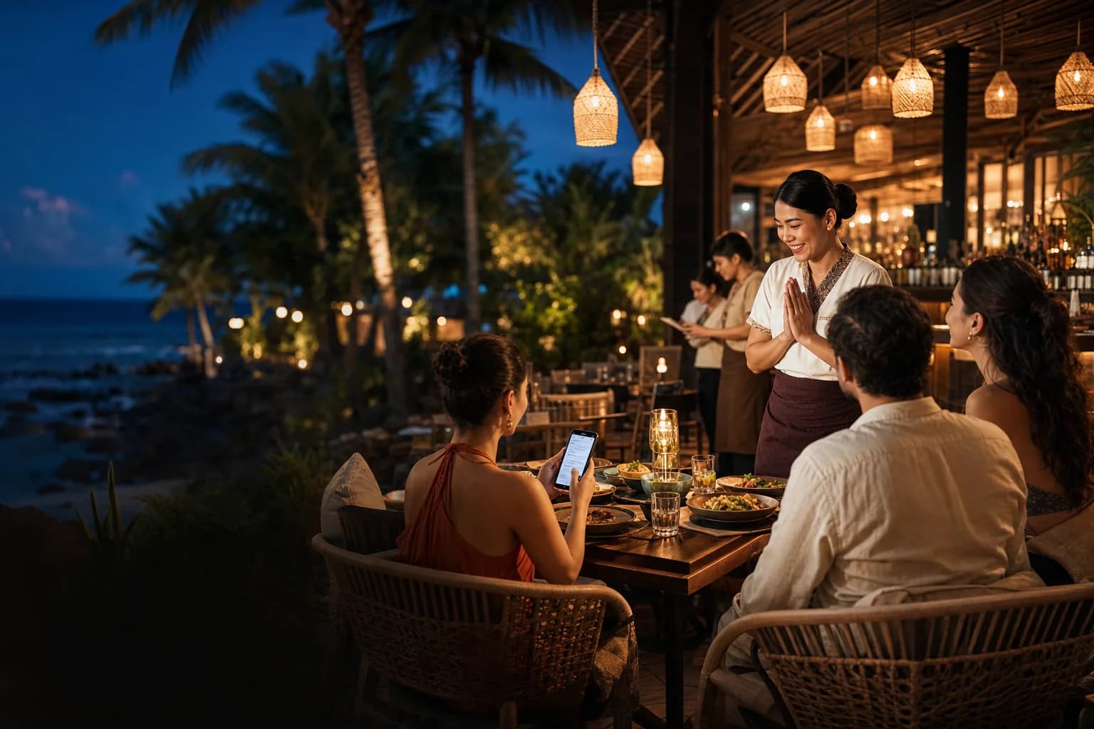 Restaurant host welcoming diners at a tropical Koh Samui venue