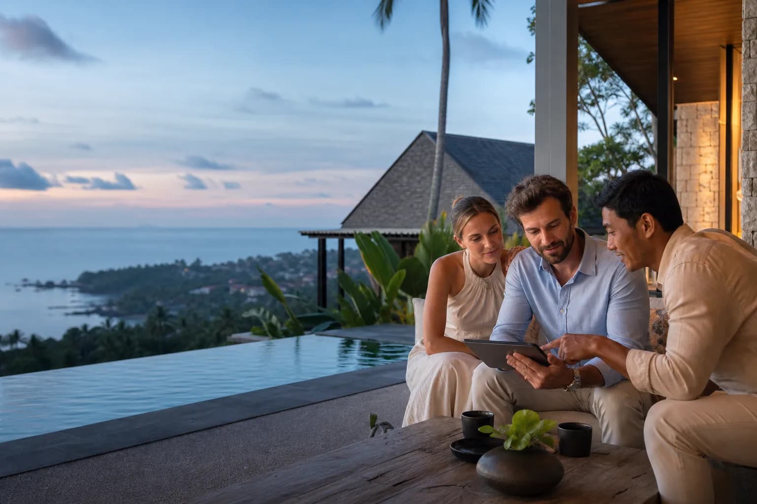 Guests reviewing villa options with a host beside a tropical infinity pool