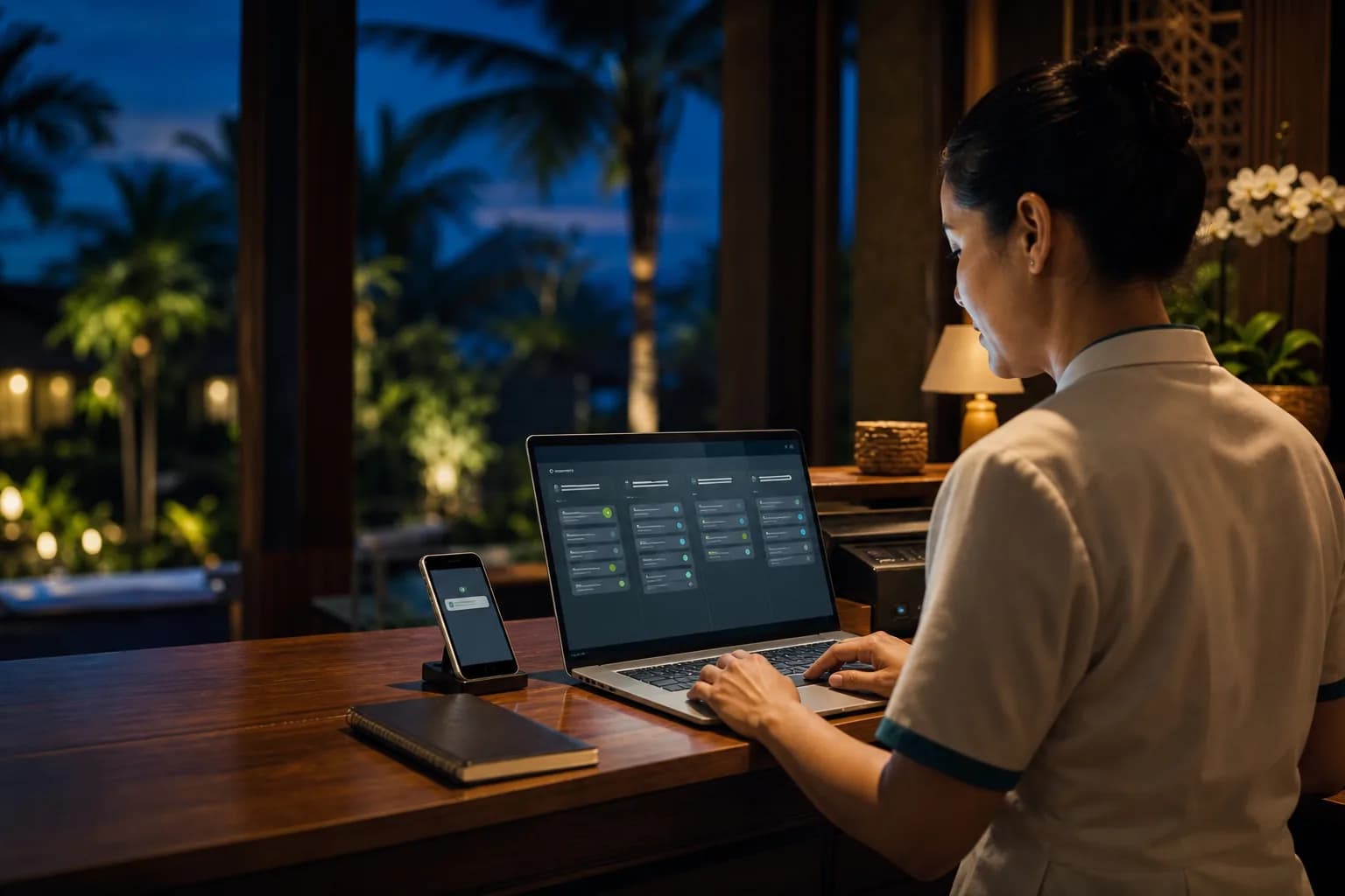 Hospitality manager reviewing an enquiry workflow at a resort front desk