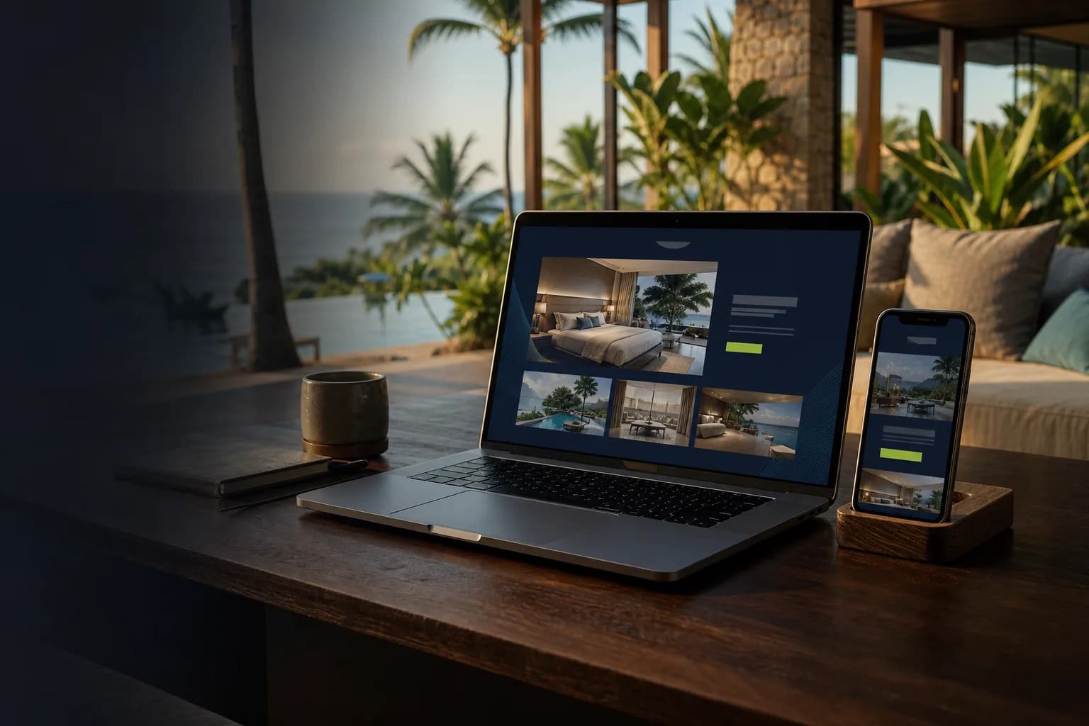 Hospitality website displayed on a laptop and phone in a tropical resort setting