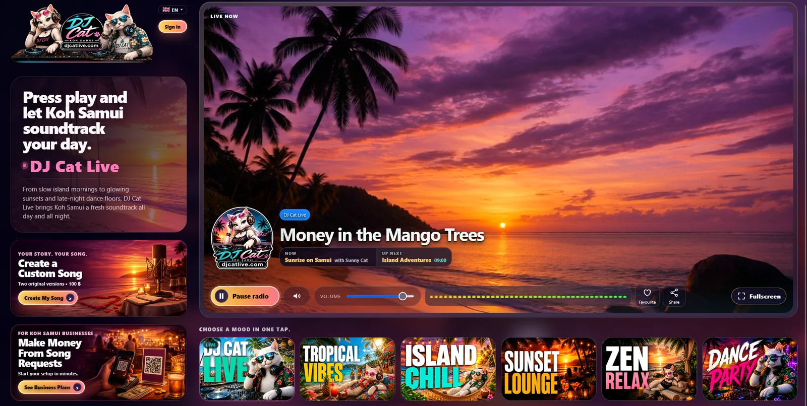 DJ Cat Live radio experience on desktop and mobile