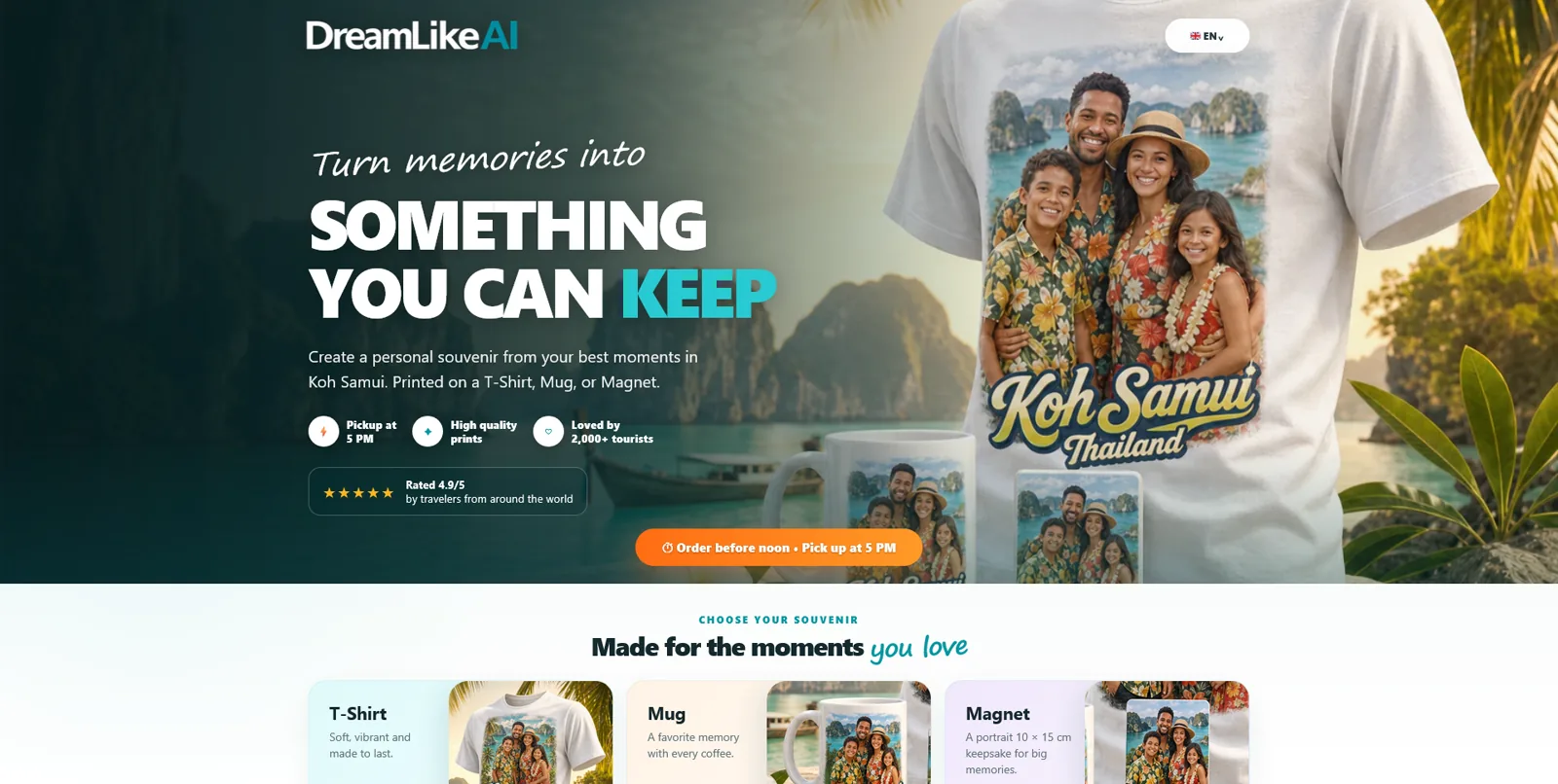 DreamLikeAI personalised Koh Samui souvenir experience on desktop and mobile